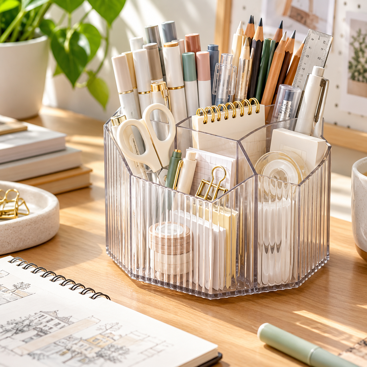 ✏️ 360° Rotating Desktop Stationery Organizer | Multi-Compartment Desk Storage