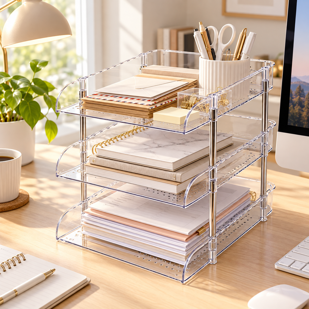 📚 3-Tier Office Desk Organizer | Clear Document & Supply Storage Rack